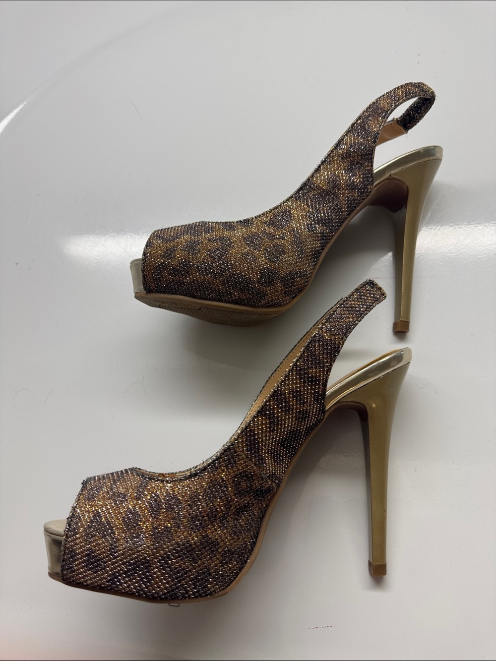 GUESS Leopard Print Glitter Peep-Toe Slingback Heels